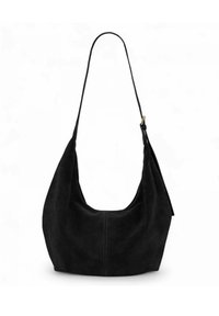 Sac hobo en suède noir avec une silhouette courbée, une seule bandoulière et des coutures visibles sur le devant pour une texture et un détail.