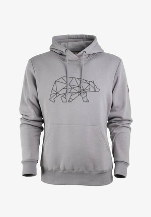 Lichtgrijze hoodie van een katoenmix. Heeft een geometrisch berenontwerp in het zwart, een kangoeroezak en ribgebreide manchetten en onderrand.