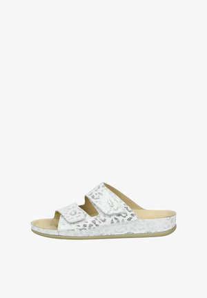 Sandale blanche à bout ouvert avec deux brides réglables et motif léopard subtil sur la tige et la semelle.