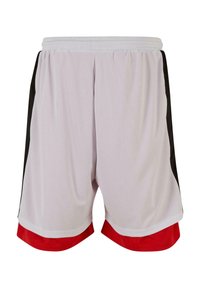 Witte sportshorts met zwarte zijkanten en een rode zoom. Gemaakt van ademende mesh-stof met een elastische tailleband voor comfort.
