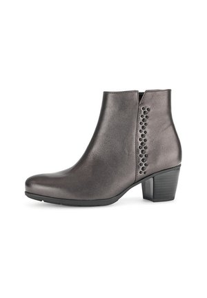 Dark gray leather ankle boots with a rounded toe, decorative studs along the side, and a low block heel. Smooth texture and sleek design.