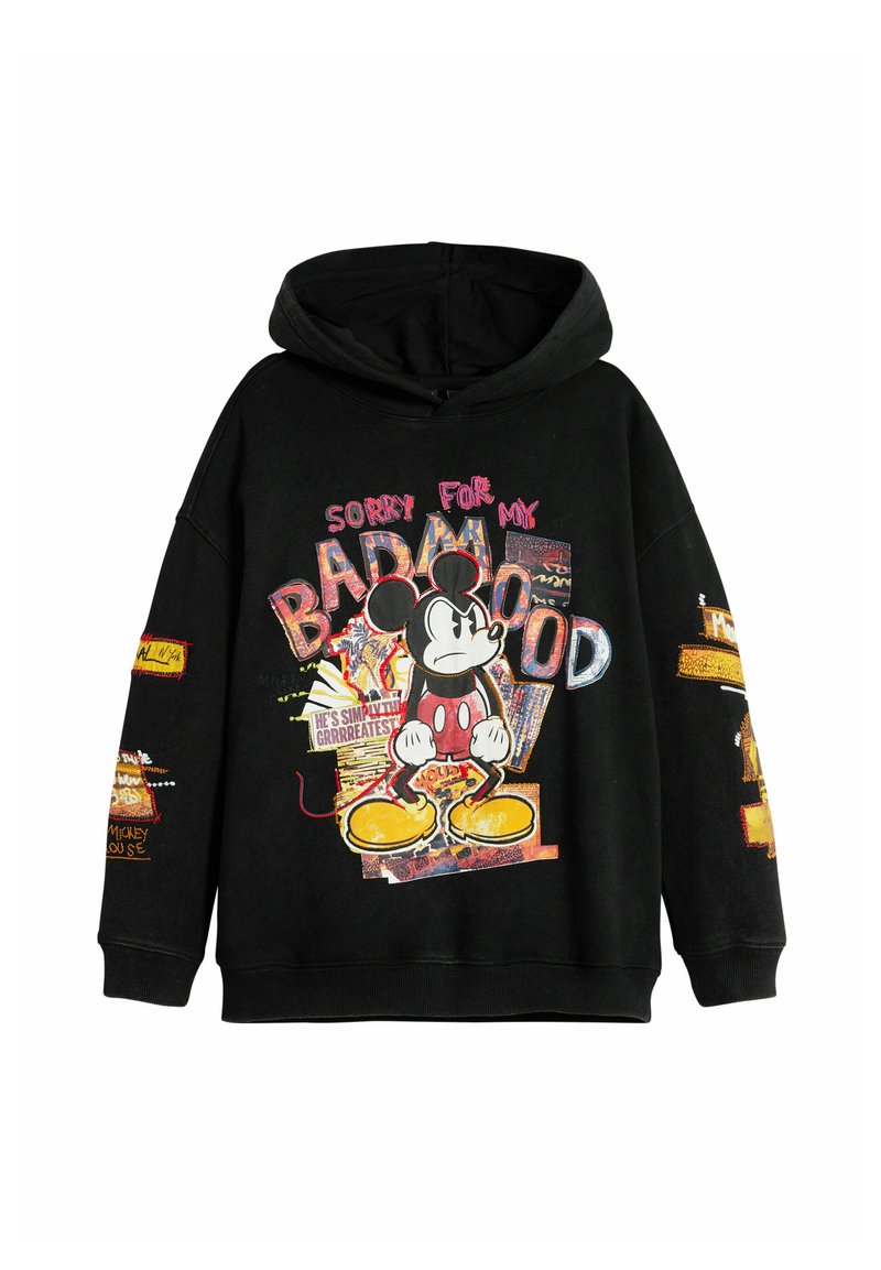 Fekete kapucnis pulcsi Mickey Mouse grafikával, színes szövegekkel és mintákkal. Az anyag lágy, laza és kényelmes fazonú.