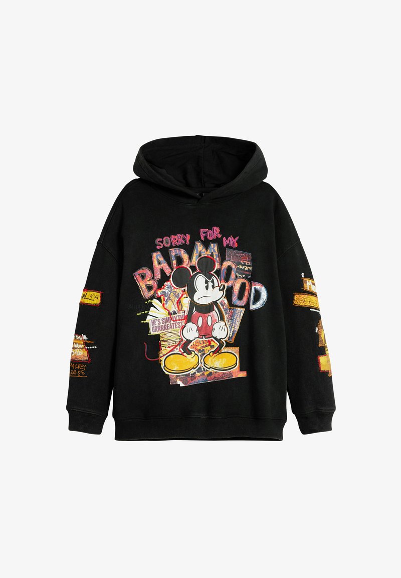 Juodas gobtuvas su Mickey Mouse grafika, apipavidalintas spalvotais raštais ir tekstu. Audinys atrodo minkštas, su laisva, patogia apykakle.