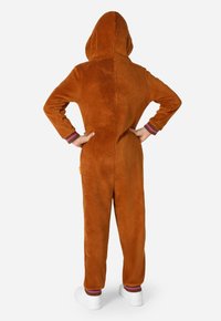 Rjava flis pi�žama s kapuco, ki ima striped manšete v vijolični in roza barvi. Mehka tekstura, srednja debelina in ohlajen kroj.