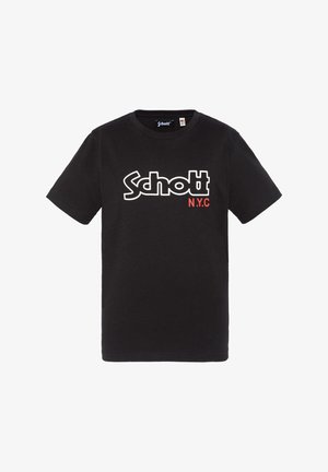 Schwarzes Baumwoll-T-Shirt mit kurzen Ärmeln, das ein großes weißes "Schott"-Logo und einen roten "N.Y.C"-Druck darunter zeigt. Lässiger Schnitt mit rundem Ausschnitt.