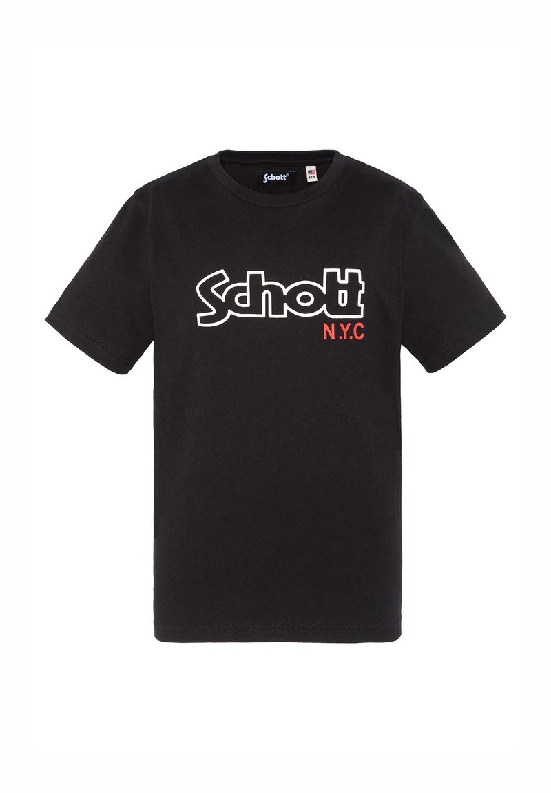 T-shirt en coton noir à manches courtes avec un grand logo blanc "Schott" et une impression rouge "N.Y.C" en dessous. Coupe décontractée avec un col rond.