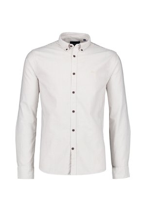 Herre langærmet skjorte med knapper, med tynde lodrette lysegrå striber og brune knapper, med button-down krave.