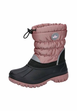Rosa und graue isolierte Stiefel mit einem gepolsterten oberen Teil, schwarzer Gummisohle, strukturierter Oberfläche und verstellbarem oberen Verschluss für eine sichere Passform.