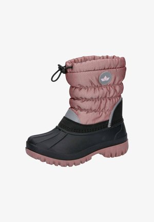Rosa und graue isolierte Stiefel mit einem gepolsterten oberen Teil, schwarzer Gummisohle, strukturierter Oberfläche und verstellbarem oberen Verschluss für eine sichere Passform.