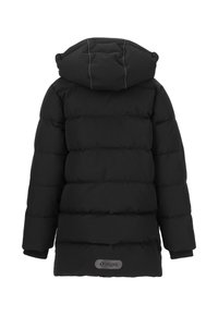 Schwarze Steppjacke mit Kapuze, mit einem gesteppten Design, elastischen Bündchen und einem Logolabel nahe dem Saum.