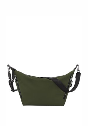 Grüne Nylon-Schultertasche mit schlankem, kantigem Design, ausgestattet mit einem schwarzen verstellbaren Riemen und silbernen Metalldetails. Reißverschlusstaschen an der Seite.