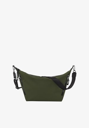Grüne Nylon-Schultertasche mit schlankem, kantigem Design, ausgestattet mit einem schwarzen verstellbaren Riemen und silbernen Metalldetails. Reißverschlusstaschen an der Seite.