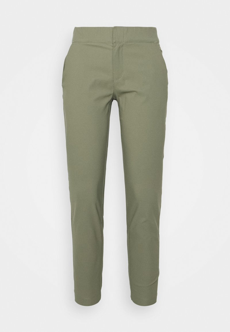 Pantalon vert olive à jambes droites avec poches latérales et taille lisse, vu de face sur fond blanc.