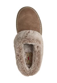 Bruine slipper met een gestructureerde bovenkant, zachte faux-fur voering en een inlegzool van traagschuim. Ronde vorm met decoratieve stiksels.