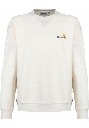 Hvid Carhartt sweatshirt med rund hals og lille gult og brunt logo på venstre bryst, lange ærmer og ribstrikkede manchetter og kant.