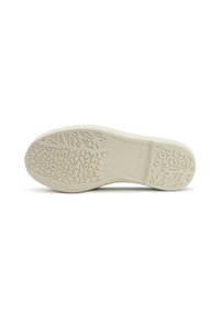 Semelle de chaussure en caoutchouc blanc avec des motifs texturés et des logos. Présente des éléments de traction surélevés et une bordure lisse. Fabriqué en Espagne.