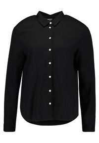 Chemise noire à manches longues avec col classique, patte de boutonnage, tissu doux, ourlet arrondi et boutons blancs en contraste.
