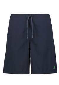 Marineblau Badehort aus leichtem Material, mit elastischem Bund und Kordelzug sowie einem grünen Logo unten rechts.
