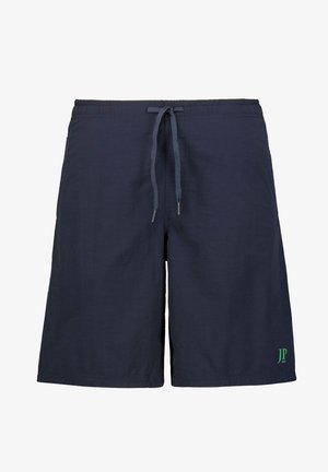 Mørkeblå svøm Shorts lavet af letvægtsmateriale, med en elastisk talje med snor og et grønt logo i nederste højre hjørne.