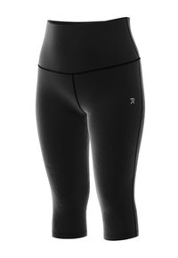 Zwarte capri leggings met een hoge taille, gemaakt van rekbaar materiaal, met naadloze constructie en een klein logo aan de linkerkant.