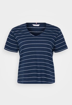 Marinblå V-ringad t-shirt i mjuk bomull, med horisontella vita ränder, korta ärmar och en avslappnad passform.