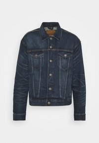Dark blue denim jacket with a classic cut, two front pockets, button closures, and subtle faded patterns on the sleeves and body.