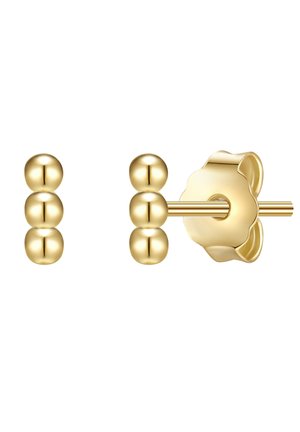 Boucles d'oreilles en or avec trois perles sphériques d'un côté et un motif floral au dos, avec une finition polie.