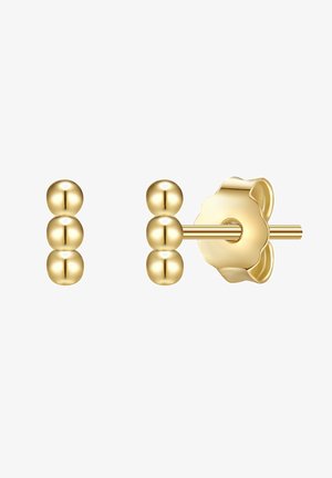 Auksiniai auskarai, turintys tris sferinius karoliukus vienoje pusėje ir gėlių dizaino pagrindą kitoje pusėje, su poliruotu paviršiumi.