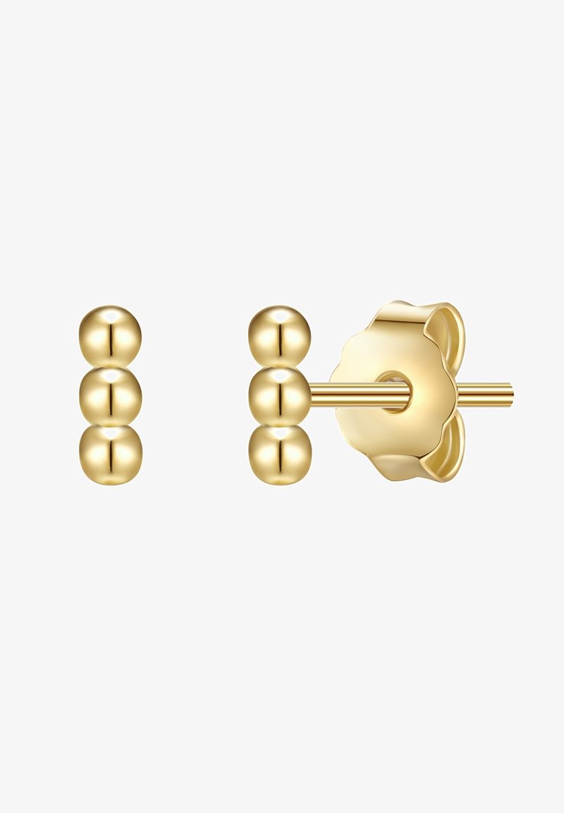 Zlati uhani, ki na eni strani vsebujejo tri sferične kroglice, na drugi strani pa cvetlični vzorec, s sijočo površino.