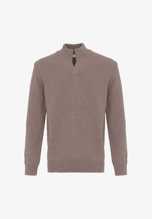 Pull en tricot marron à manches longues pour hommes, avec des poignets et un ourlet côtelés, doté d'une petite encoche en V au col montant côtelé.