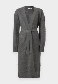 Grauer Strickcardigan mit strukturiertem Muster, langen Ärmeln, offener Front und gebundenem Taillengürtel. Abgerundet mit gerippten Bündchen und Saum.