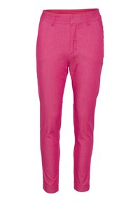 Pantalon rose ajusté en tissu lisse. Comprend un devant plat avec deux poches, un design de jambe fuselée et des accents d'accessoires minimalistes.