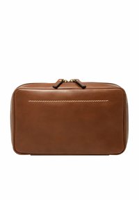 Sac en cuir marron de forme rectangulaire, à la texture lisse et avec des coutures beige contrastantes. Il dispose de double zippers et d'accents en cuir noir.