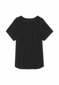 Black, short-sleeve t-shirt with a relaxed fit, featuring a rounded neckline and subtle texture. The back has pleats for added detail.
