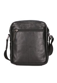Borsa a tracolla in pelle nera con chiusura a zip, tracolla regolabile e tasca frontale. Texture liscia e design rettangolare semplice.