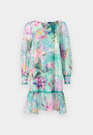 Sheer, short dress in turquoise with a floral print featuring pink and purple accents. Ruffled hem and long sleeves with elastic cuffs.