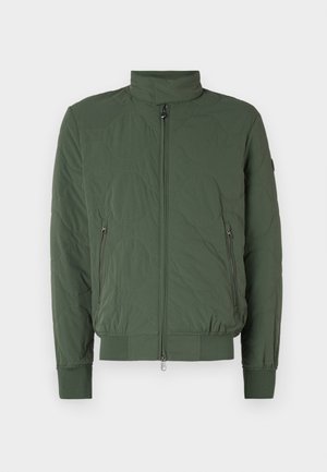 Green quilted bomber jacket featuring a high collar, zip front, two side pockets, and ribbed cuffs and hem. Soft, lightweight material.