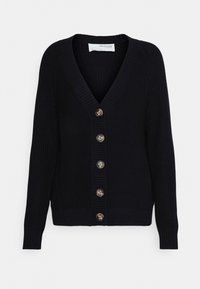 Granatowy, prążkowany kardigan z głębokim dekoltem w serek, ozdobiony sześcioma dużymi guzikami z przodu oraz dopasowanymi mankietami i dolnym brzegiem. Miękka tekstura.