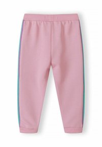 Vaaleanpunaiset herkät verkkarit, joissa on pehmeä pinta, kontrastiväriset siniset ja vihreät sivusuunnassa kulkevat raidat sekä joustava vyötärö.