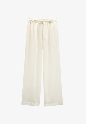 Spodnie szerokie w kolorze kremowym, z elastycznym pasem ze sznurkiem, wykonane z gładkiego, lekkiego materiału.