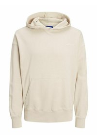 Beżowa bluza z kapturem wykonana z miękkiego materiału, z kieszenią z przodu, ściągaczami przy rękawach i dolnej krawędzi oraz małym logo nadrukowanym na klatce piersiowej.