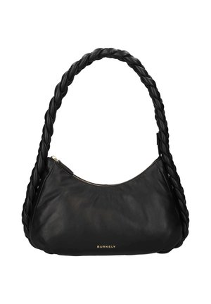 Bolso de hombro de cuero negro con asas trenzadas, cremallera dorada y pequeño logo dorado "BURKELY" en el centro frontal.