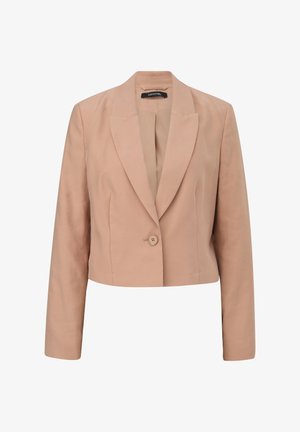 Krótkie żakiet w jasnoróżowym kolorze, z klapami, zapinane na jeden guzik, z długimi rękawami o gładkiej fakturze.