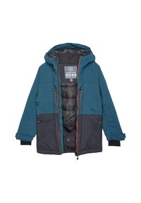 Teal og mørkegrå utendørsjakke med hette, med en oransje glidelås og lommer, laget av slitesterkt, værbestandig materiale.