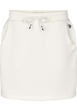 Valge elastse vöökohaga seelik, millel on paelad ja küljetaskud ning väike must logo tikkimine paremal küljel.