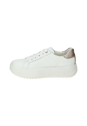 White leather sneakers with a textured beige accent at the heel, round toe, flat white sole, and classic lacing system.
