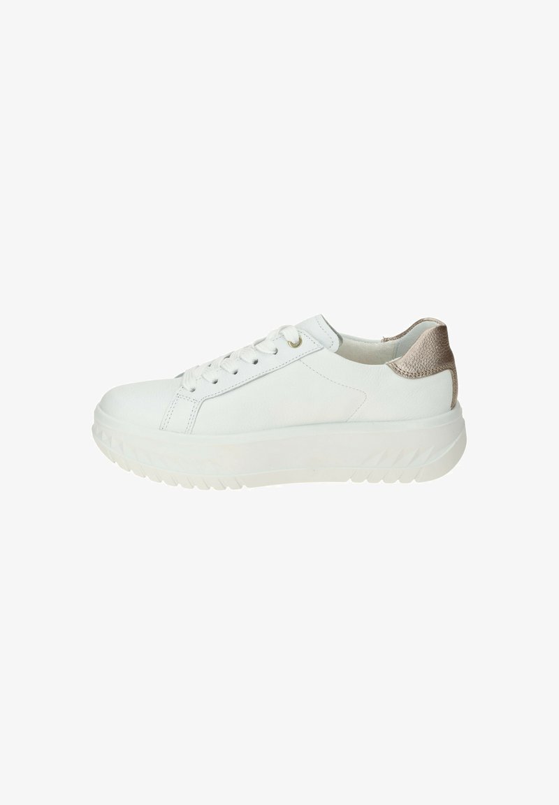 White leather sneakers with a textured beige accent at the heel, round toe, flat white sole, and classic lacing system.