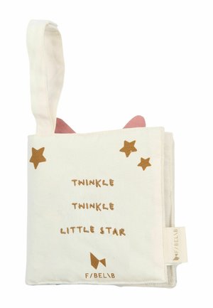 Miękka tkaninowa książeczka dla niemowląt z uchwytem, ozdobiona złotymi gwiazdkami i napisem "Twinkle Twinkle Little Star" na przedniej okładce.
