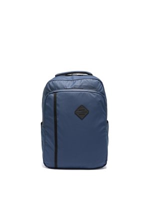 Zaino blu con due scomparti con cerniera, tasche laterali, maniglia superiore e una striscia verticale nera sul davanti.