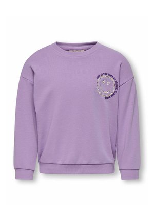 Lilac sweatshirt with a rounded neckline and dropped shoulders. Features a smiley face graphic and text: "NOW IS THE TIME TO BE HAPPY."
